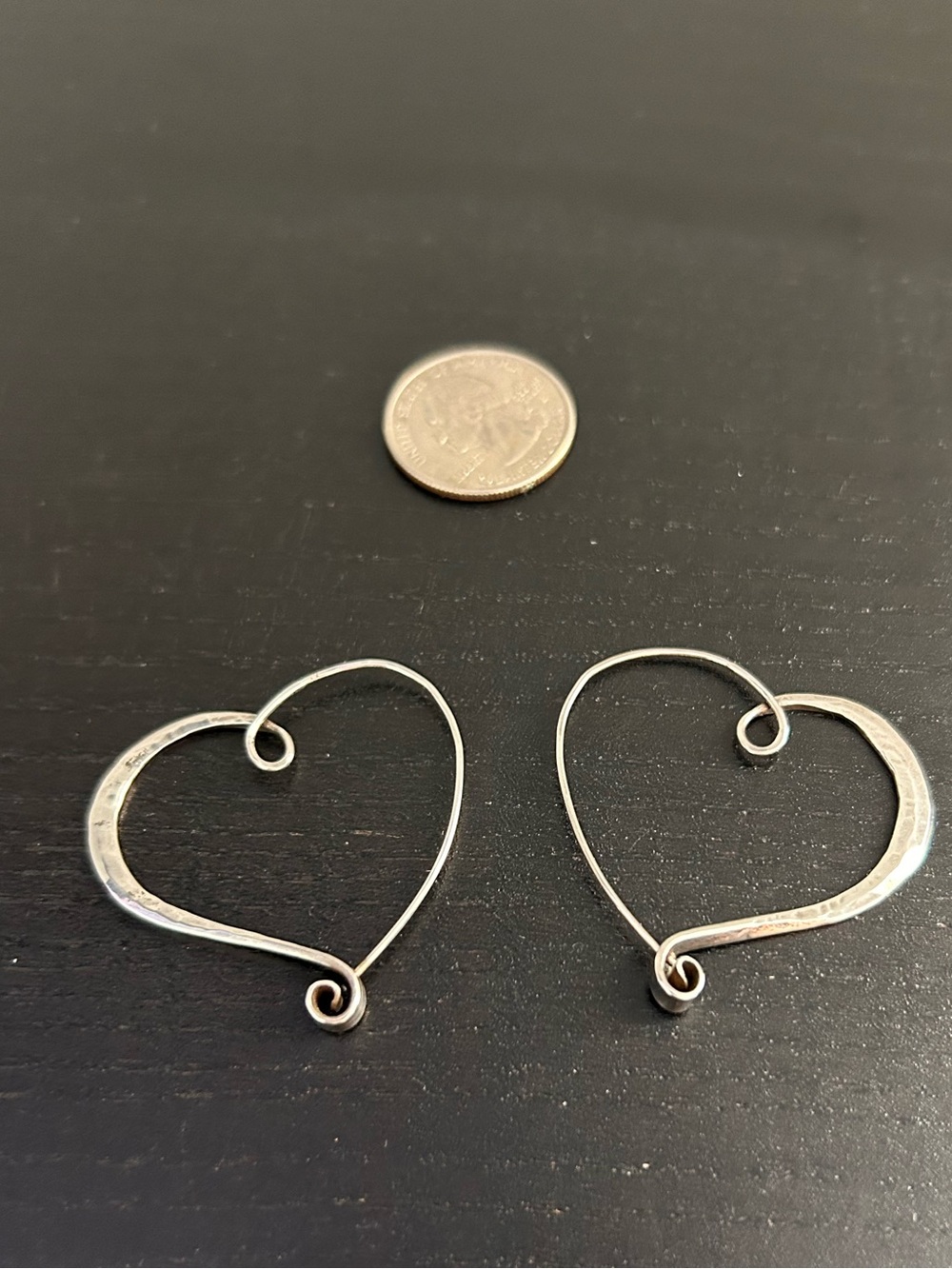 Handcrafted & Hammered Sterling Silver Heart Swirl Shaped Wire Hoop Earrings - Picture 15 of 15